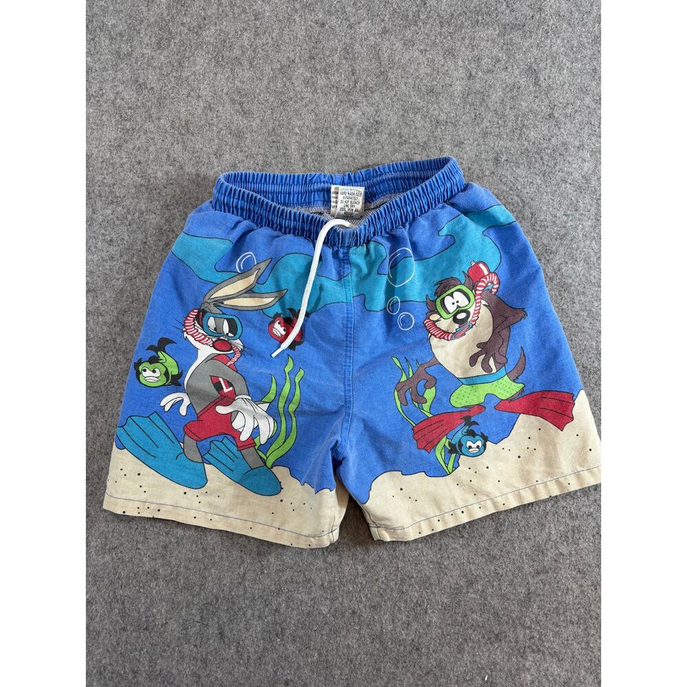 VINTAGE 90s Looney Tunes Swim Trunks Boys Blue Graphic Bugs Bunny Taz Medium